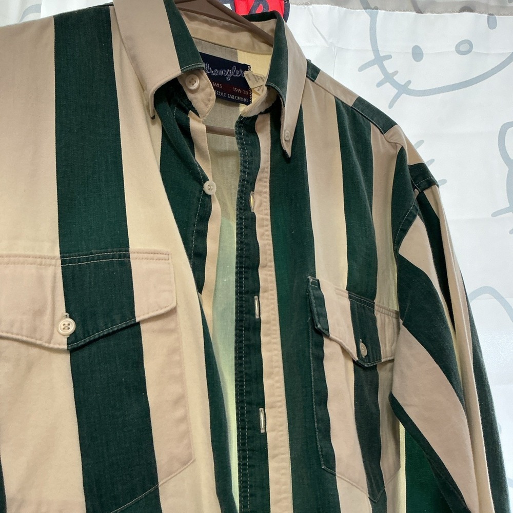 Vintage Wrangler Shirt Mens 15 1/2 - 33 Brushpopper Striped X-Long Tails Green